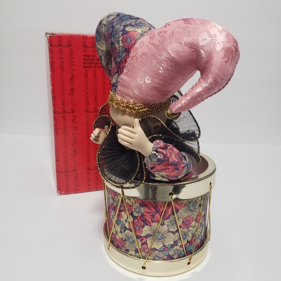 VTG Porcelain Harlequin Jester Clown In A Drum Animated Music Box "Toy Land" - Picture 7 of 11